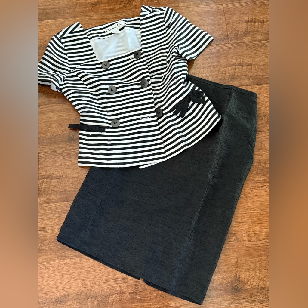 Christian Dior White Dark Gray Marine Stripe Skirt Set-8